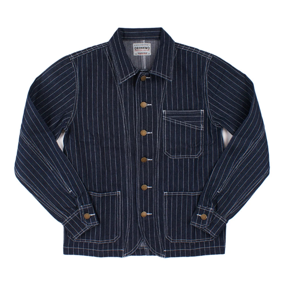 Denim Vertical Striped Wabash Jacket Men Multi-Pocket Lapel Coat Clothing