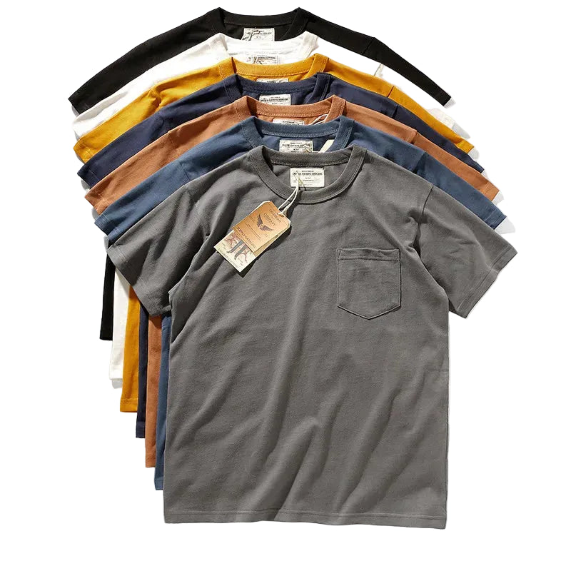 Men's Short-Sleeved Pocket T-Shirt - Retro Solid Color Round Neck Heavyweight Washed Top