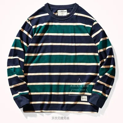 Japanese Heavyweight Pure Cotton Long-sleeved Striped T-shirt
