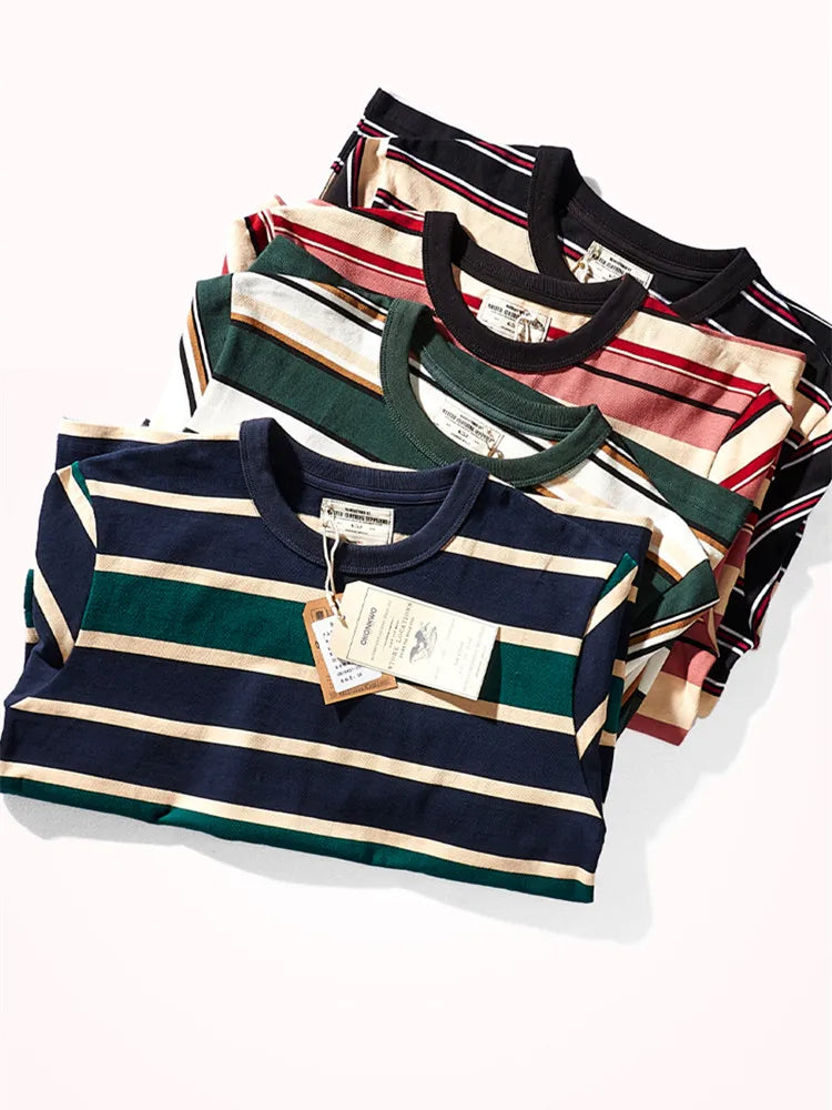 Japanese Heavyweight Pure Cotton Long-sleeved Striped T-shirt