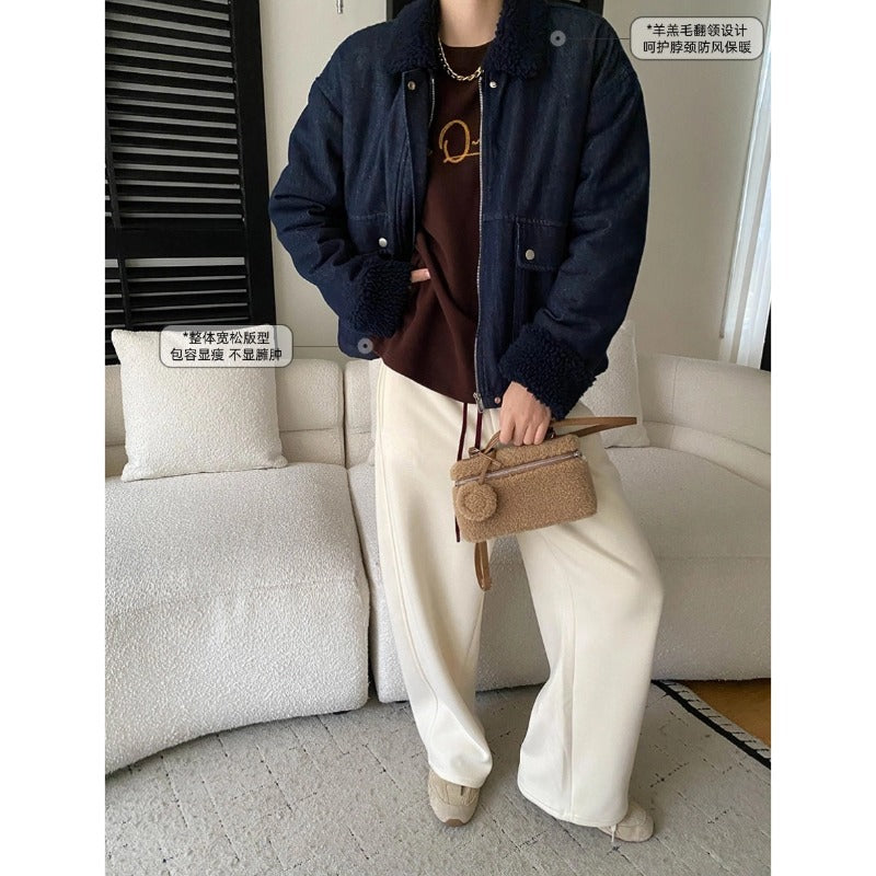 Retro Faux Lamb Wool Turn-Down Collar Loose Lined Thickened Denim Jacket