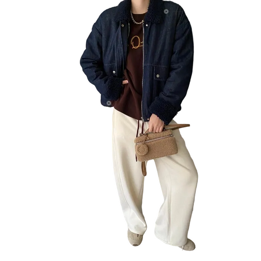 Faux Lamb Wool Turn-Down Collar Loose Lined Thickened Denim Jacket