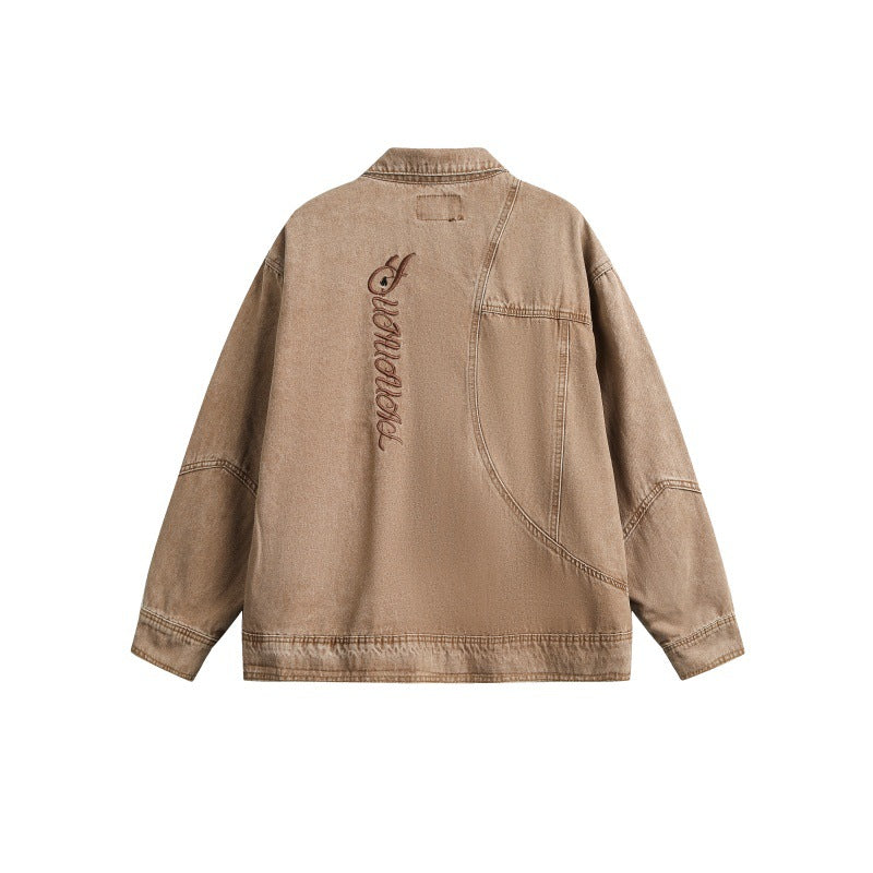 Washed Denim Jacket with Embroidery - Casual Streetwear