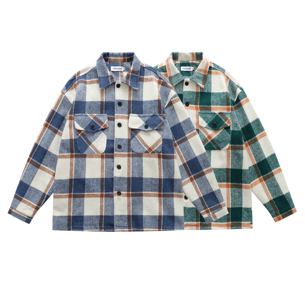 Retro Men's Turn-down Collar Plaid Long Sleeve Casual Loose Fit Trendy Outwear for Men