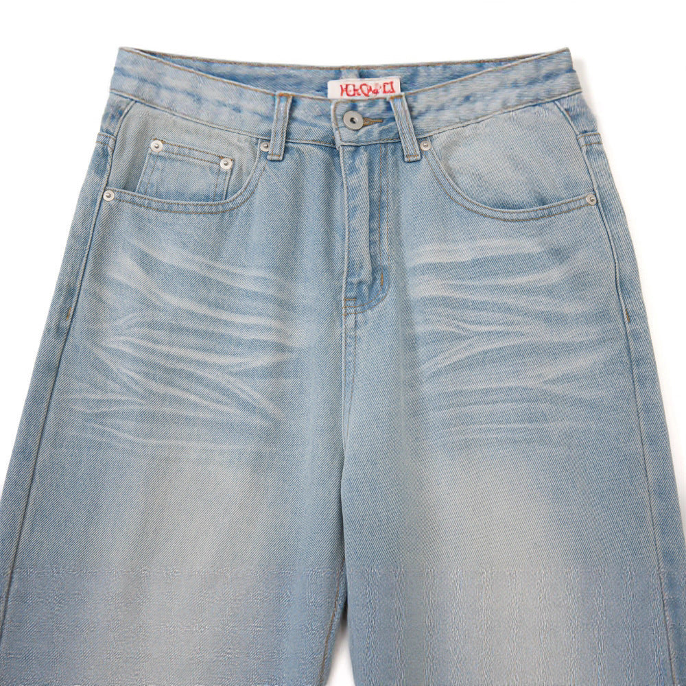 Men's Straight Leg Jeans - Faded and Catwhisker Wash, Loose Fit Casual Denim Pants