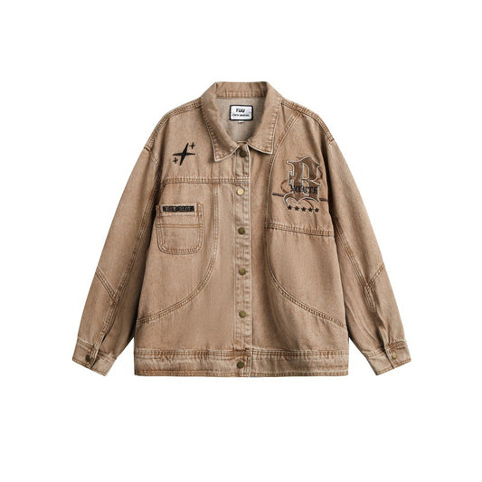 Washed Denim Jacket with Embroidery - Casual Streetwear