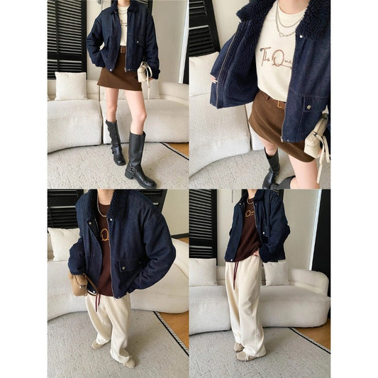 Retro Faux Lamb Wool Turn-Down Collar Loose Lined Thickened Denim Jacket