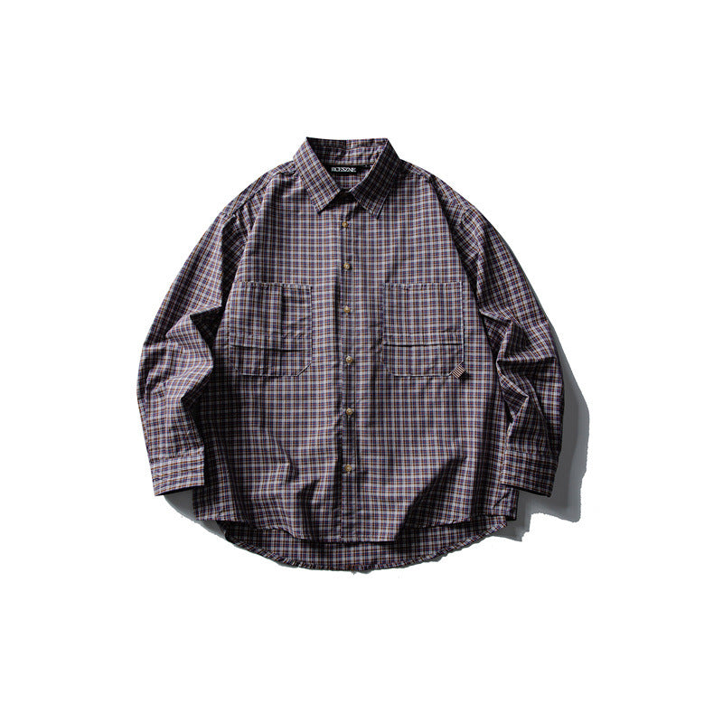 Color-block Checkered Turn-down Collar Long Sleeve Shirt Men Casual Loose Dress Shirt