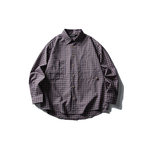 Color-block Checkered Turn-down Collar Long Sleeve Shirt Men Casual Loose Dress Shirt