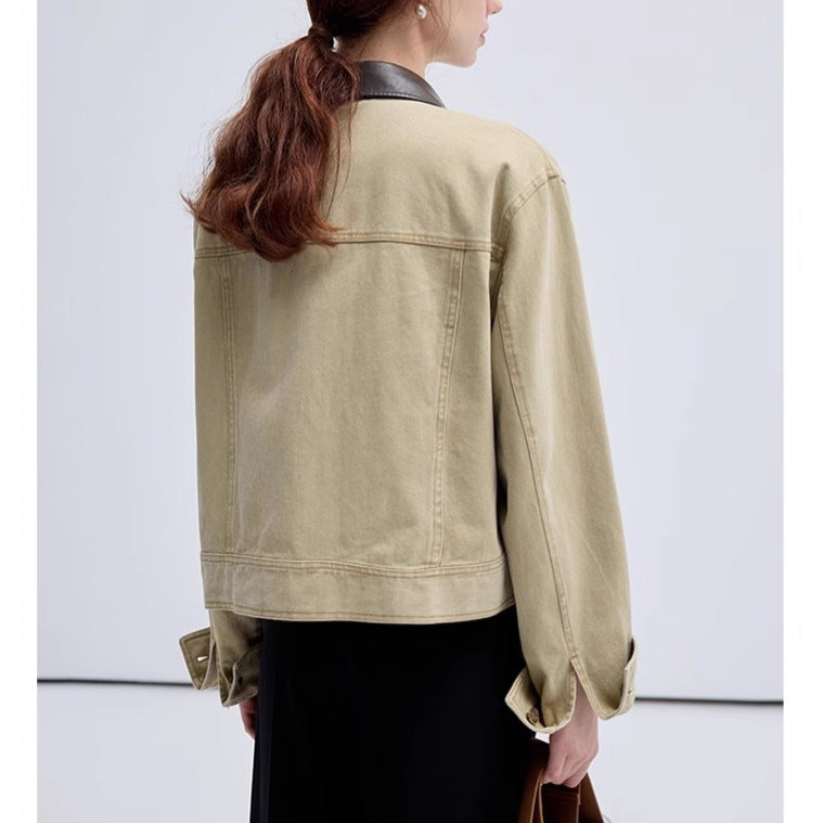 Cropped Jacket Women Retro Patchwork Utility Style Denim Top