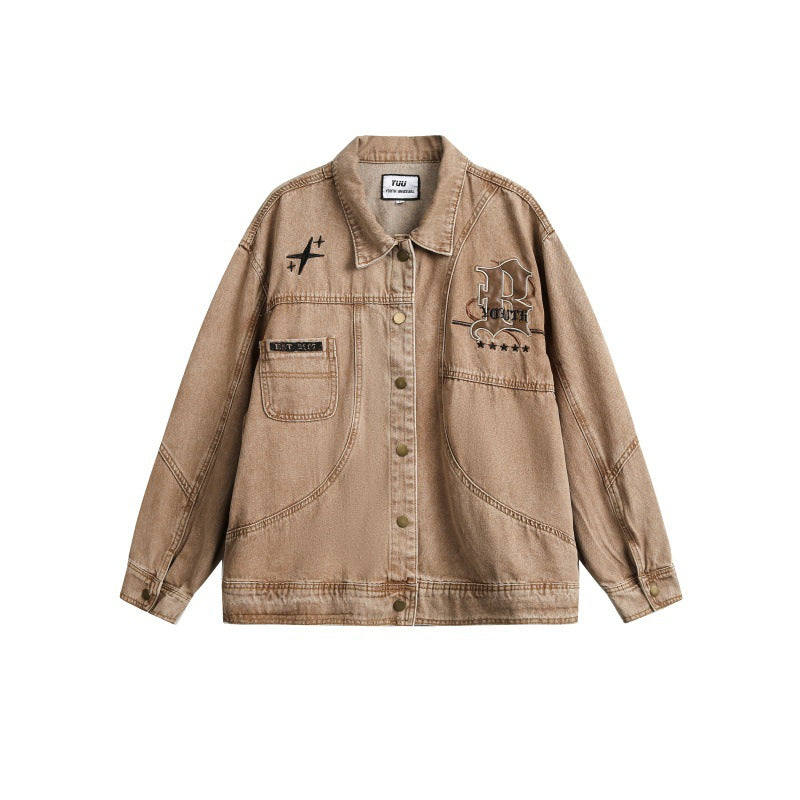 Washed Denim Jacket with Embroidery - Casual Streetwear