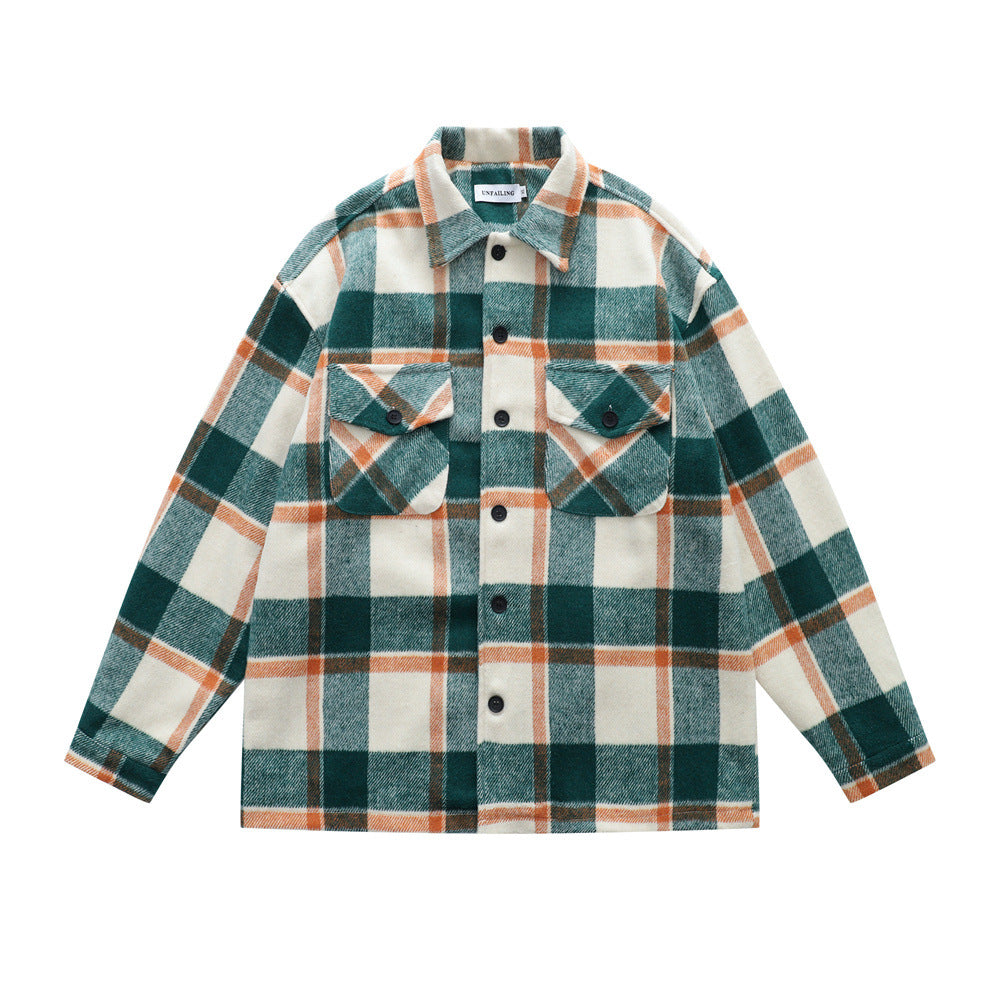 Retro Men's Turn-down Collar Plaid Long Sleeve Casual Loose Fit Trendy Outwear for Men