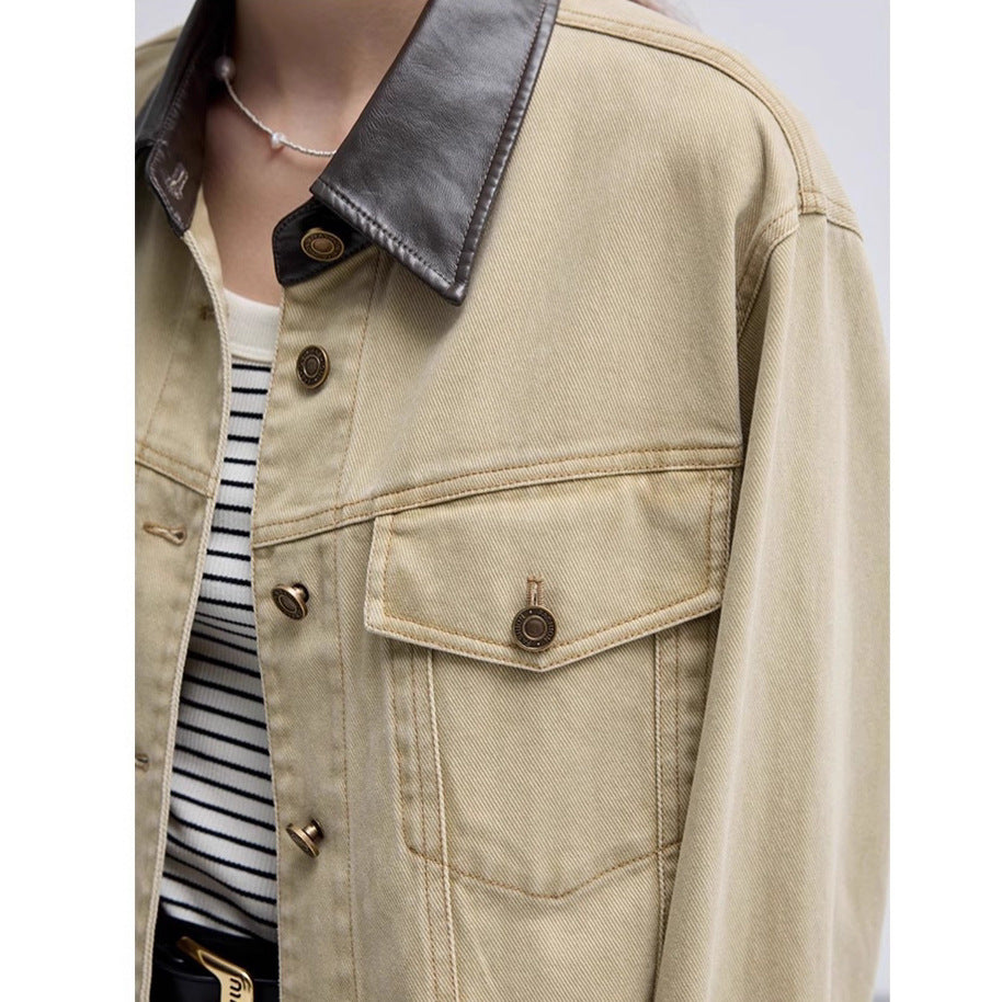 Cropped Jacket Women Retro Patchwork Utility Style Denim Top