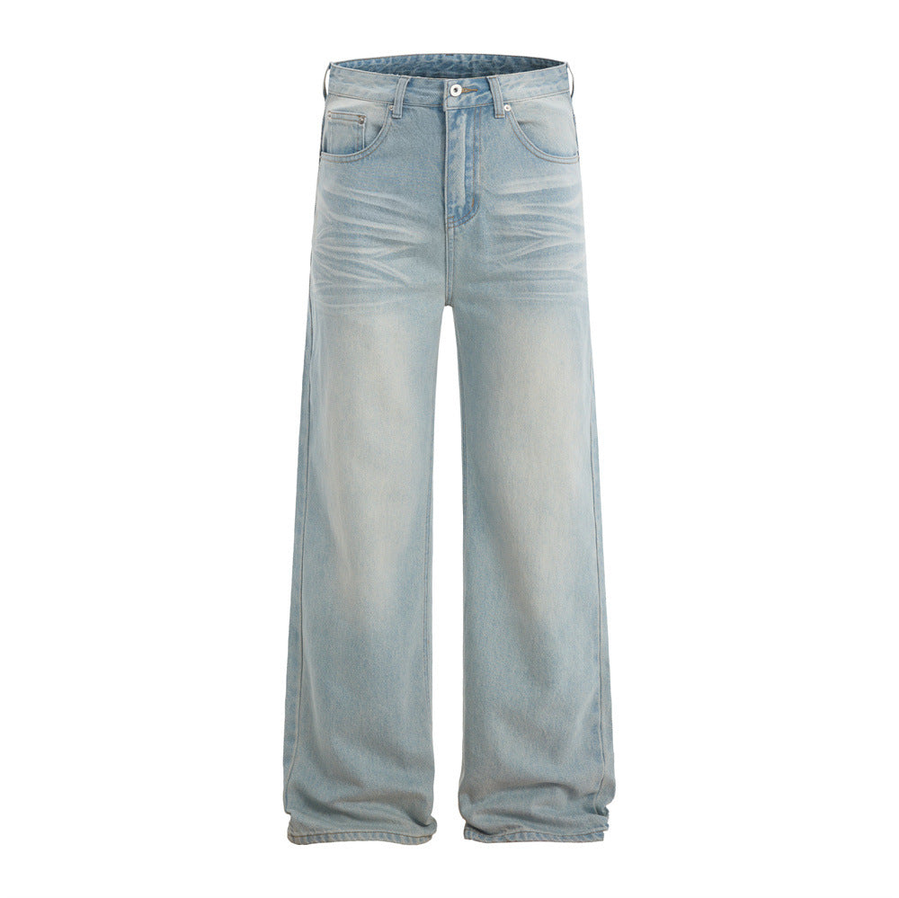Street Style Men's Straight Leg Jeans - Faded and Catwhisker Wash, Loose Fit Casual Denim Pants