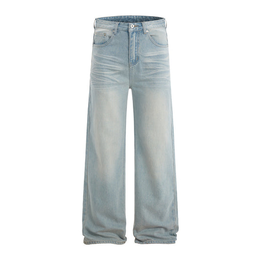 Street Style Men's Straight Leg Jeans - Faded and Catwhisker Wash, Loose Fit Casual Denim Pants