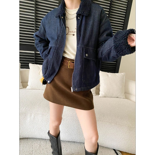 Retro Faux Lamb Wool Turn-Down Collar Loose Lined Thickened Denim Jacket