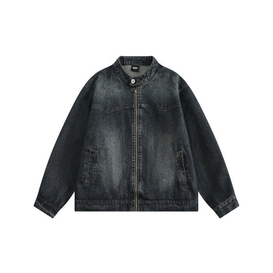 Distressed Denim Jacket Unisex Loose Casual Stand Collar Coat