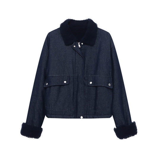 Faux Lamb Wool Turn-Down Collar Loose Lined Thickened Denim Jacket