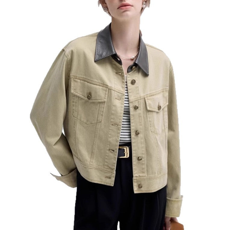 Cropped Jacket Women Retro Patchwork Utility Style Denim Top