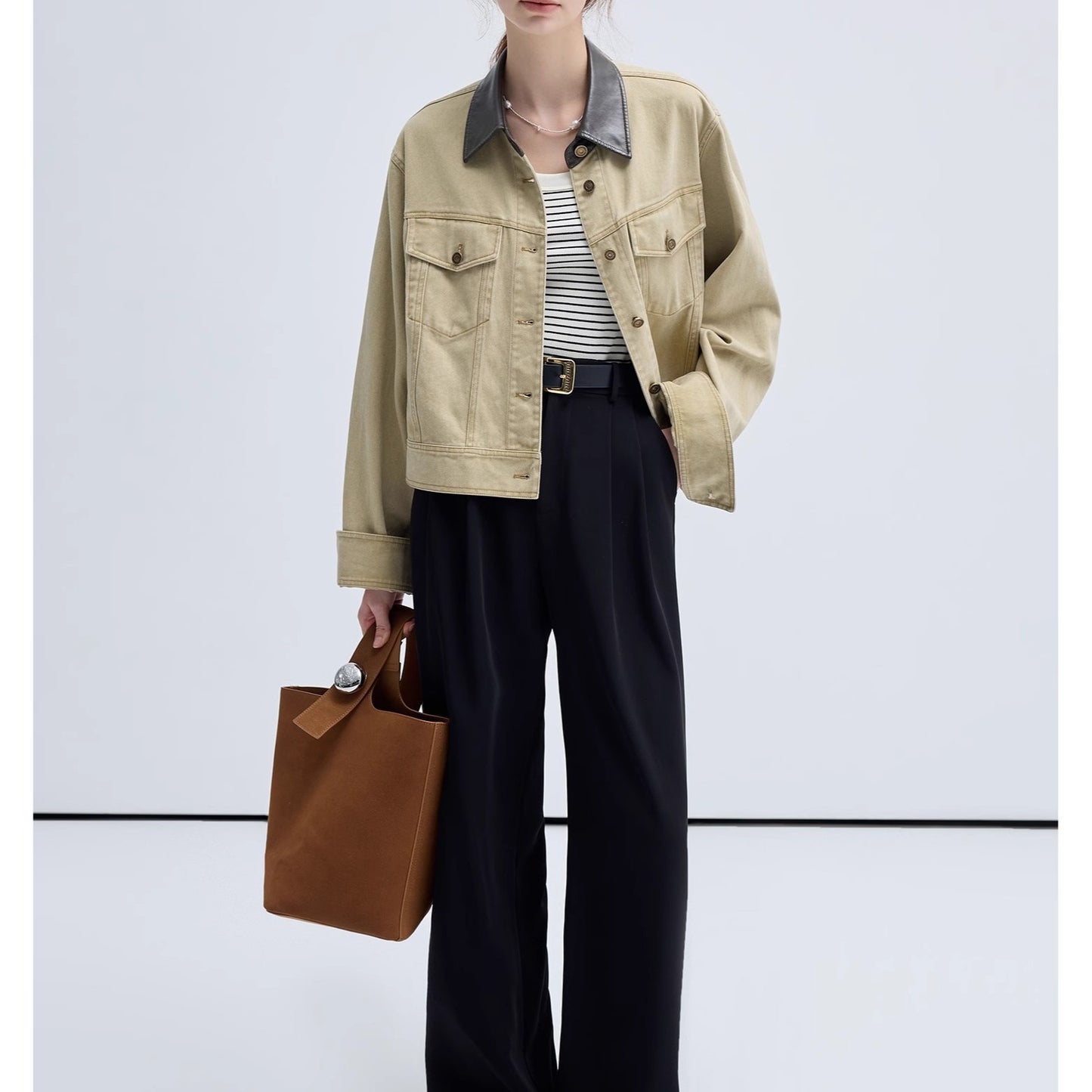 Cropped Jacket Women Retro Patchwork Utility Style Denim Top