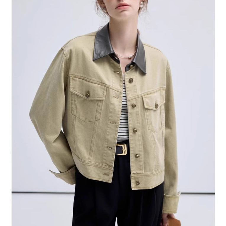 Cropped Jacket Women Retro Patchwork Utility Style Denim Top