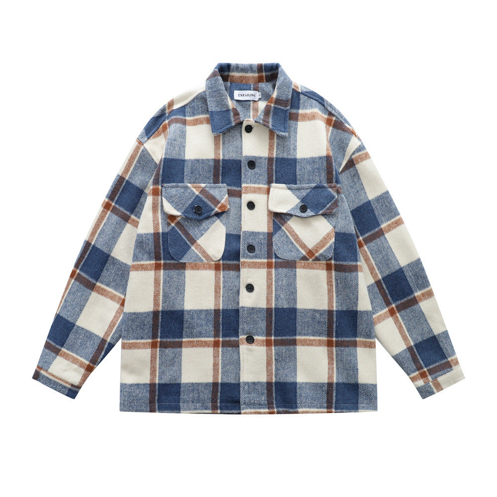 Retro Men's Turn-down Collar Plaid Long Sleeve Casual Loose Fit Trendy Outwear for Men