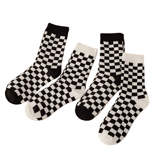 Black White Checkerboard Pattern Mid Tube Socks