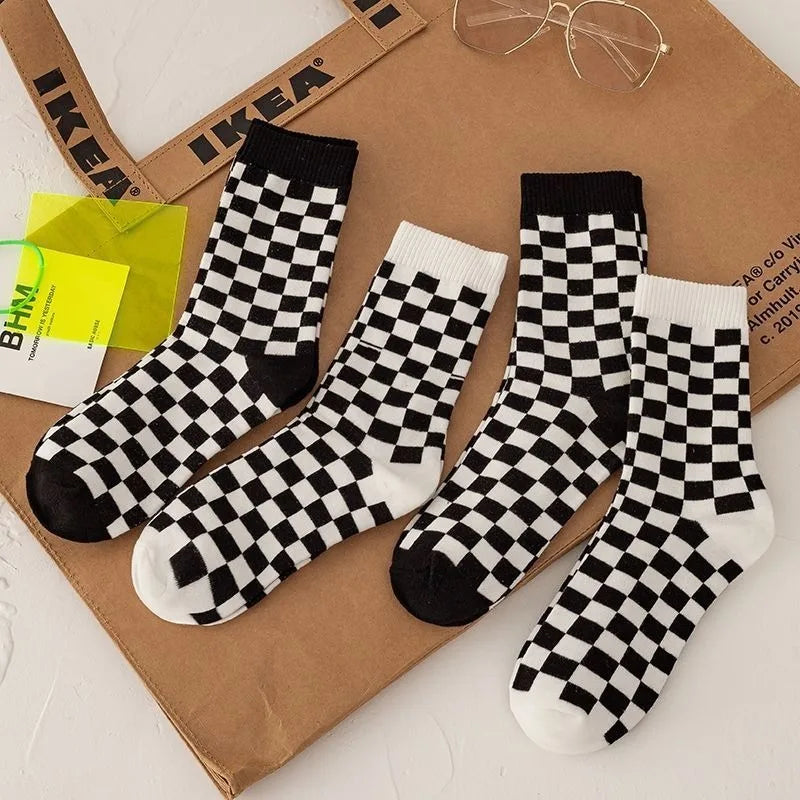 Black White Checkerboard Pattern Mid Tube Socks