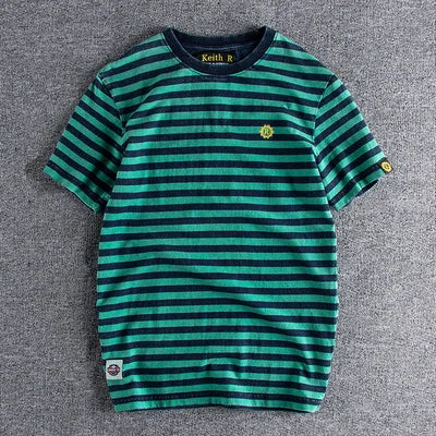 Japanese Retro Striped Cotton T Shirt For Men Slim Fit Round Neck Casual