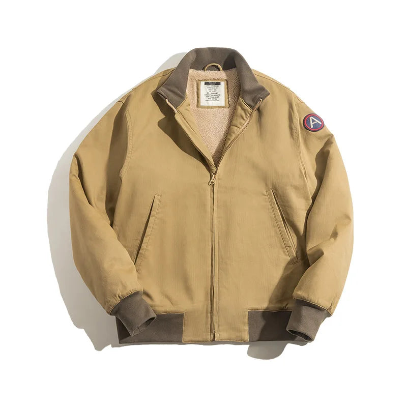 Men's Brown Flight Bomber Jacket Vintage Aviator Slim Fit Patches Stand Collar