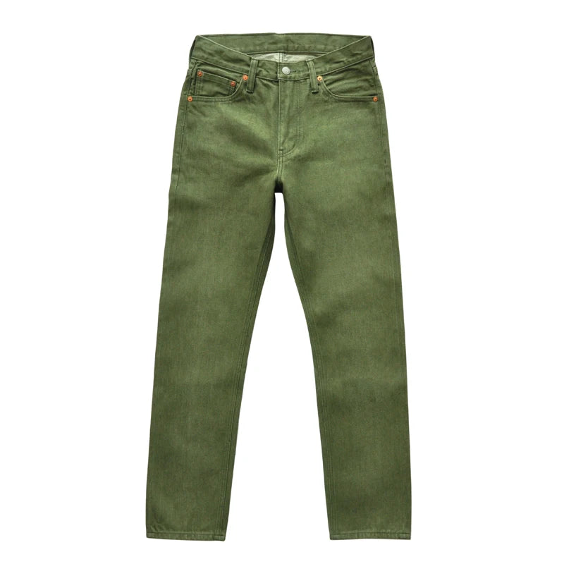 Men's Olive Green Selvedge Denim Jeans - Slim Fit 14 Oz