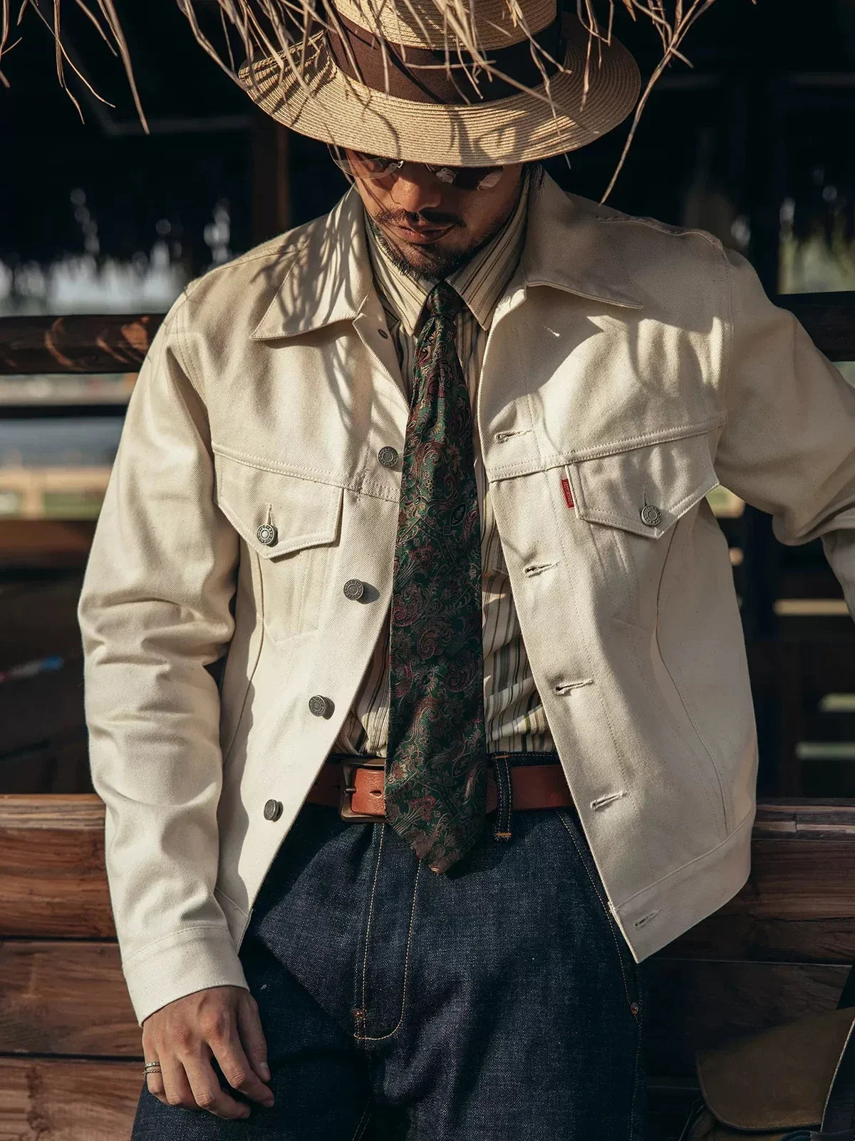 Trucker Jacket White Selvedge Denim Short Mens Outerwear Slim Fit