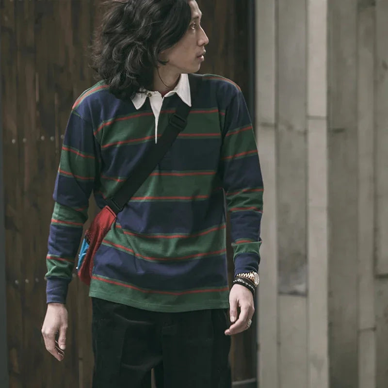 Ivy League Striped Long Sleeve Rugby Polo Shirt