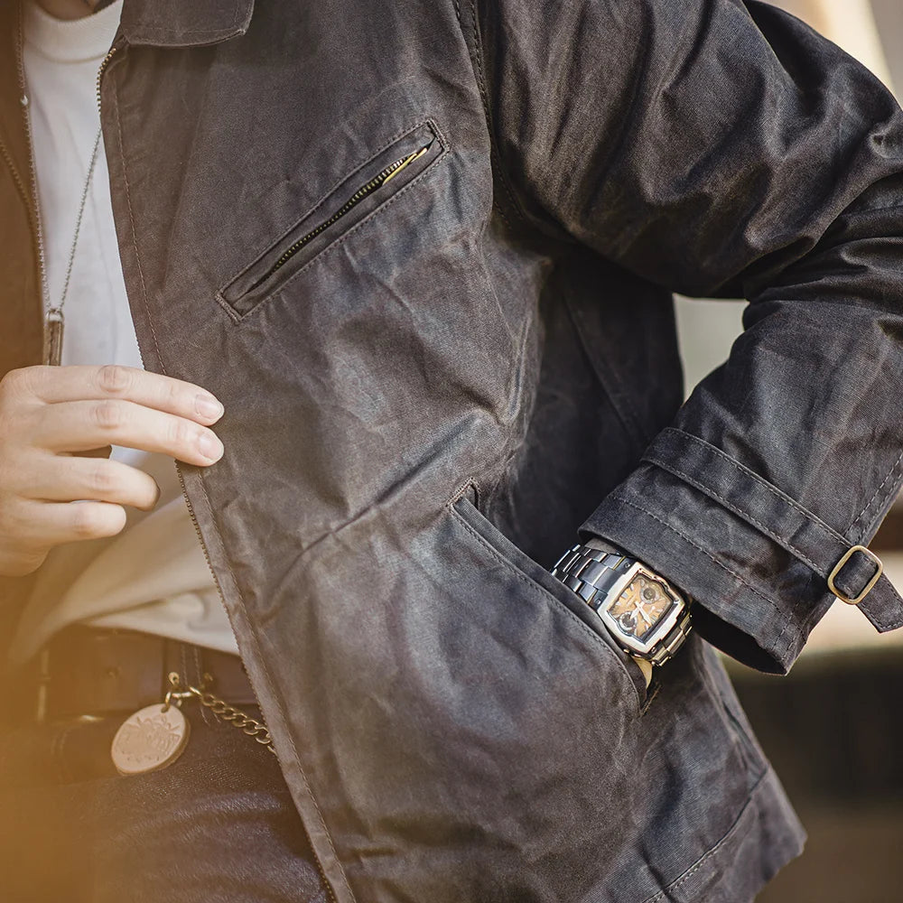 Men's Vintage Waxed Canvas Jacket With Lapel Zipper