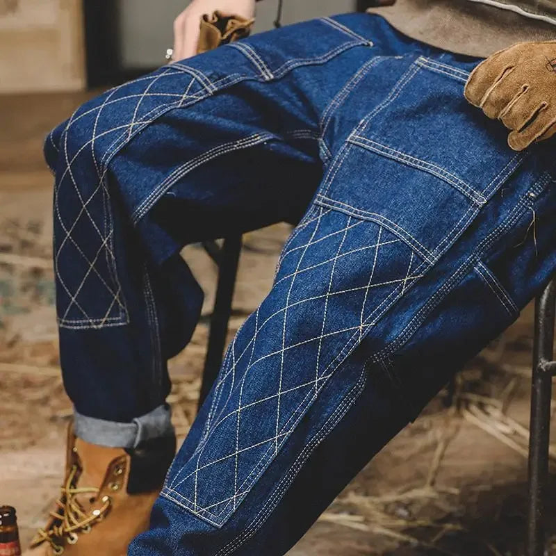 American Retro Work Jeans For Men Loose Fit Double Knee Denim Pants