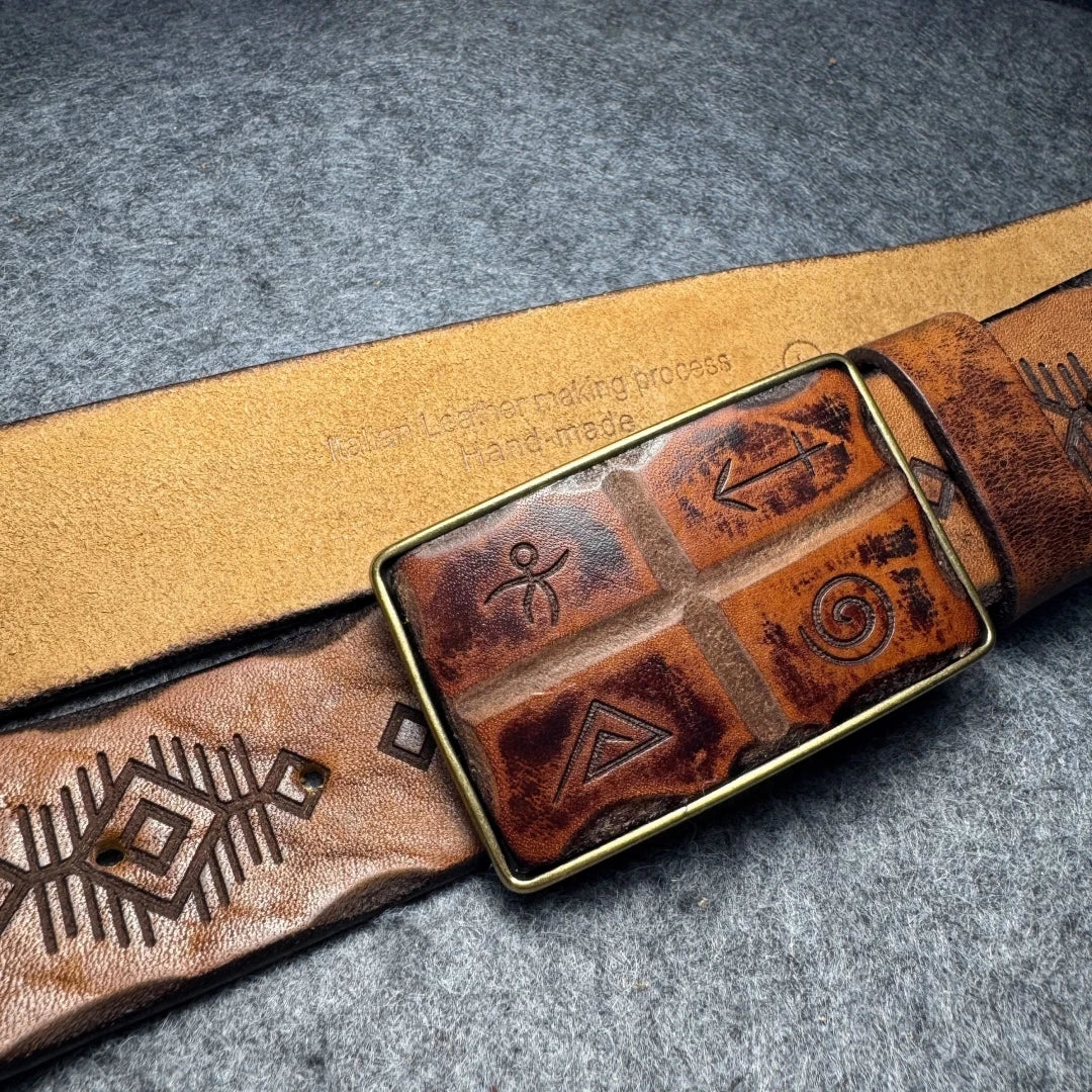 Men's Vintage Genuine Leather Belt - Copper Horseshoe Buckle - Thick Cowhide
