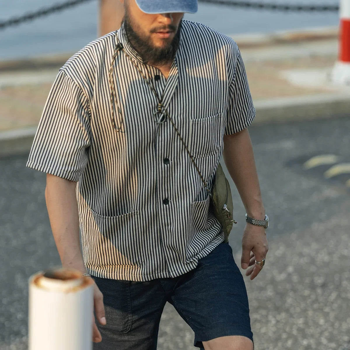 Rugged Hickory Stripe Short Sleeve Shirt Vintage Collarless Workshirt For Men