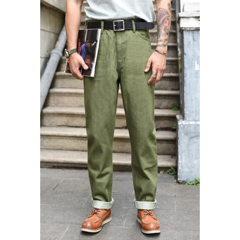 Men's Olive Green Selvedge Denim Jeans - Slim Fit 14 Oz