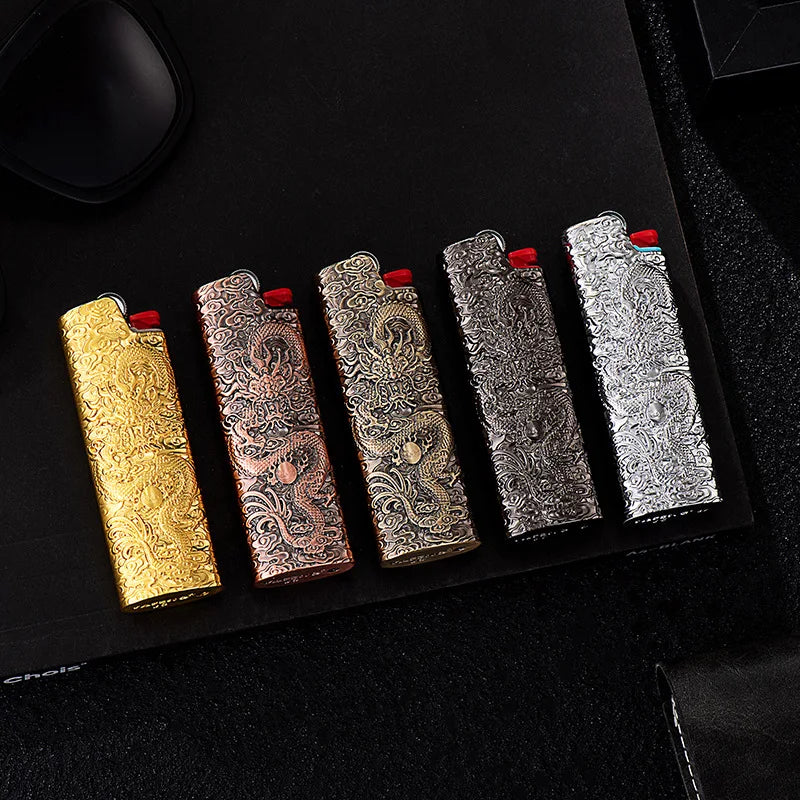3D Flying Dragon Relief Metal Lighter Case For BIC J6 Full Size