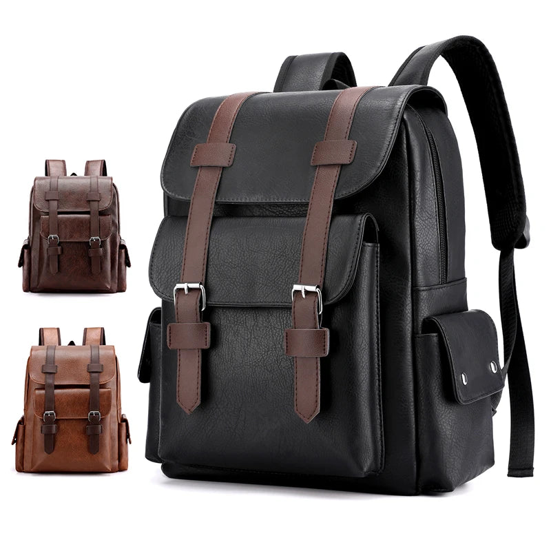 Men's Leather Backpack Large Laptop Backpack Black School Bag