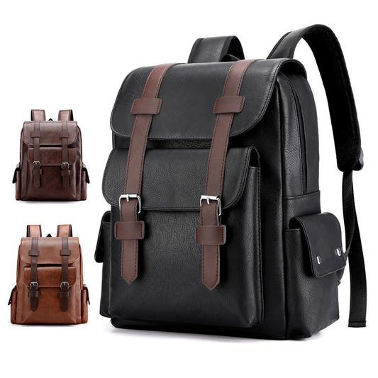 Men's Leather Backpack Large Laptop Backpack Black School Bag