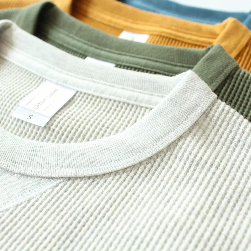 Heavyweight Waffle Knit Long Sleeve Long John Style Cotton Jumper Shirt