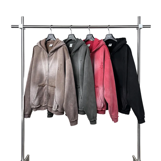 Men's Distressed Zip Up Hoodie - Hot Washed