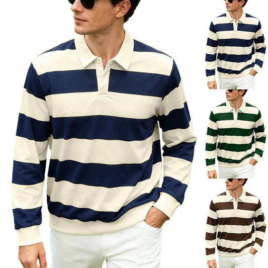 Men's Long Sleeve Striped Rugby Polo Shirt