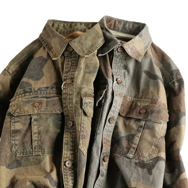 Vintage Khaki Camouflage Shirt Jacket For Men With Pocket Design
