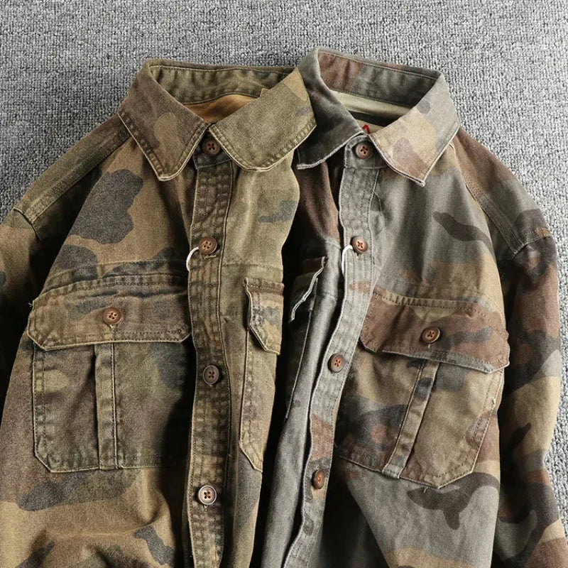 Vintage Khaki Camouflage Shirt Jacket For Men With Pocket Design