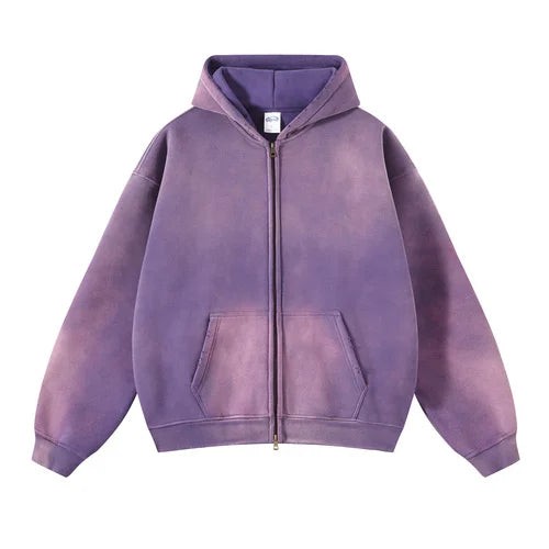 Distressed Tie Dye Gradient Zip Up Hoodie