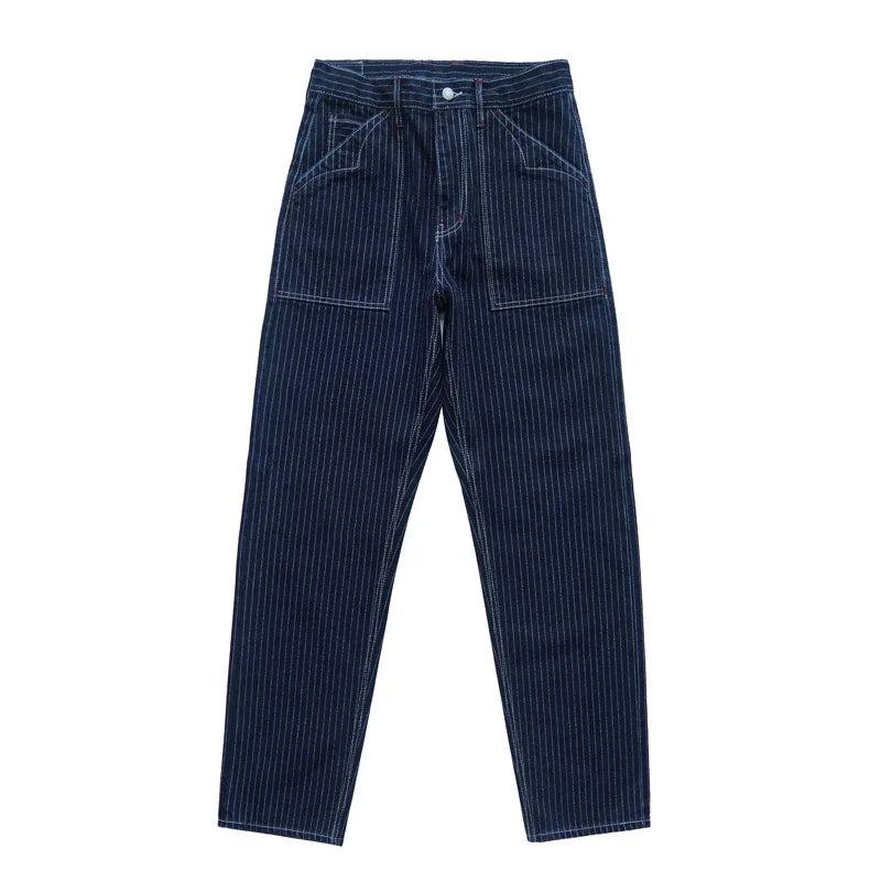 Men's Vintage Indigo Wabash Jeans Striped Selvedge Workwear Jeans - Men