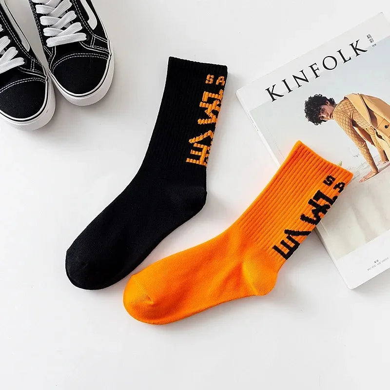 Mens Cotton Socks High Quality Streetwear Casual Unisex Skateboard Black Orange