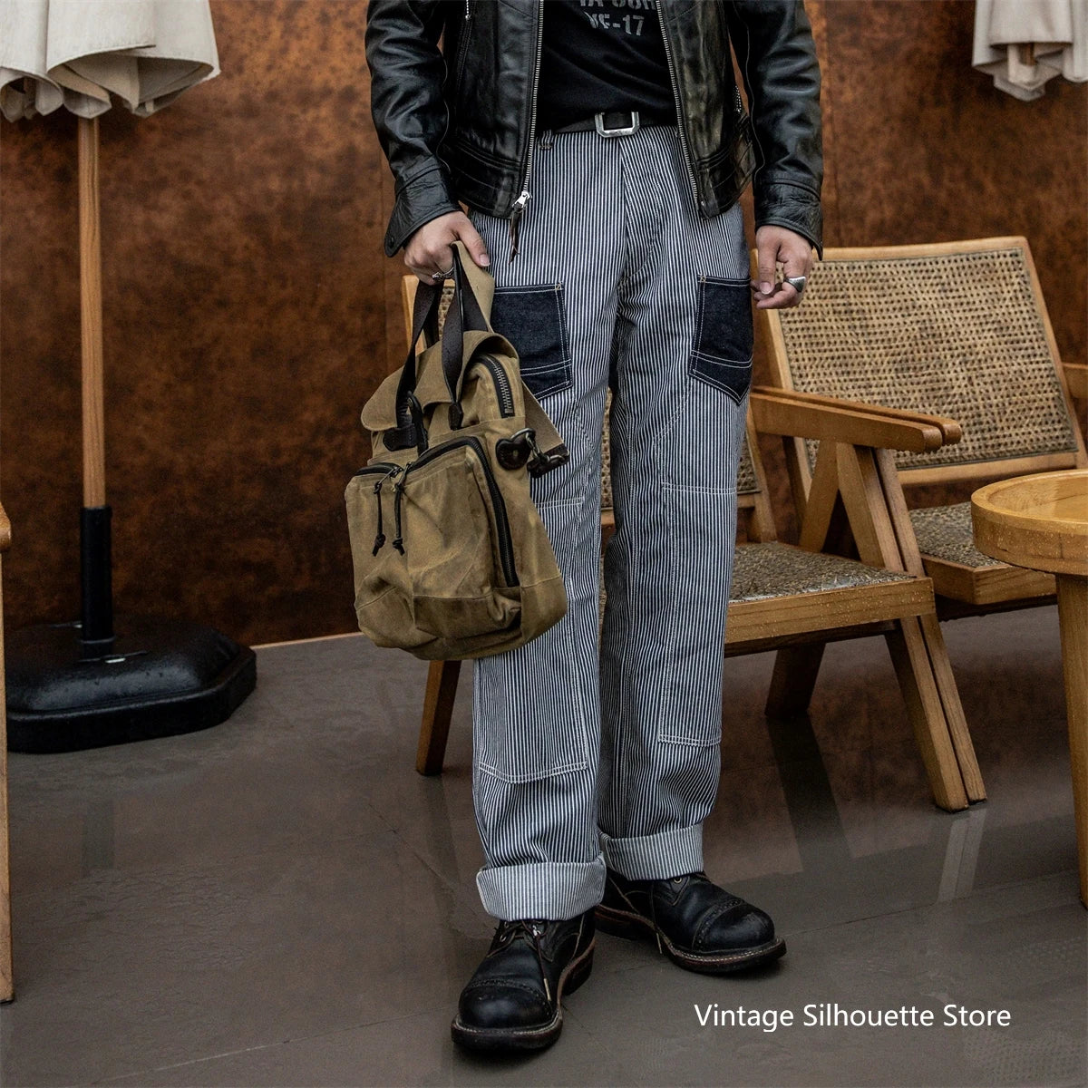 Hickory Stripes Derrickman Work Pants Denim Patchwork Men's Casual Trousers